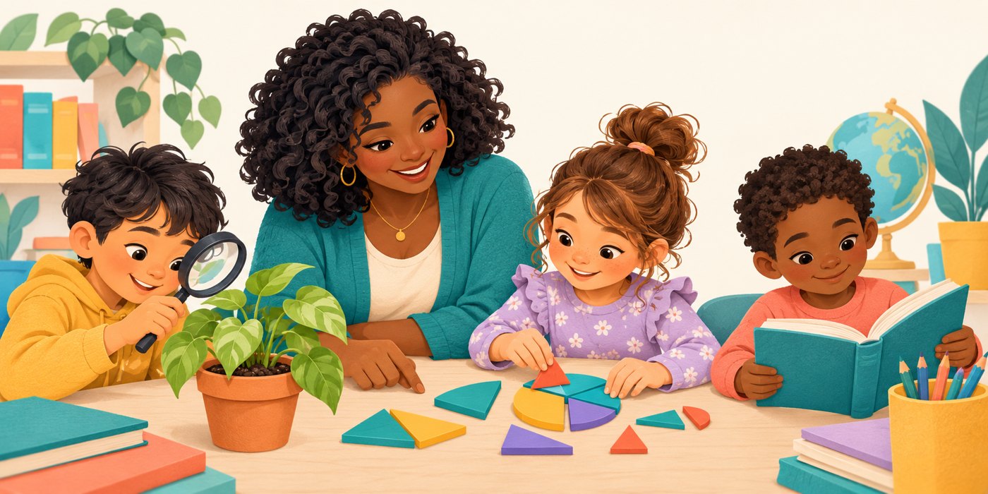 Teacher and students exploring a plant, books, and colorful math shapes together.